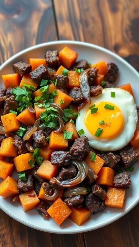 A vibrant plate of beef and sweet potato hash with a sunny-side-up egg, garnished with parsley on a rustic wooden table.